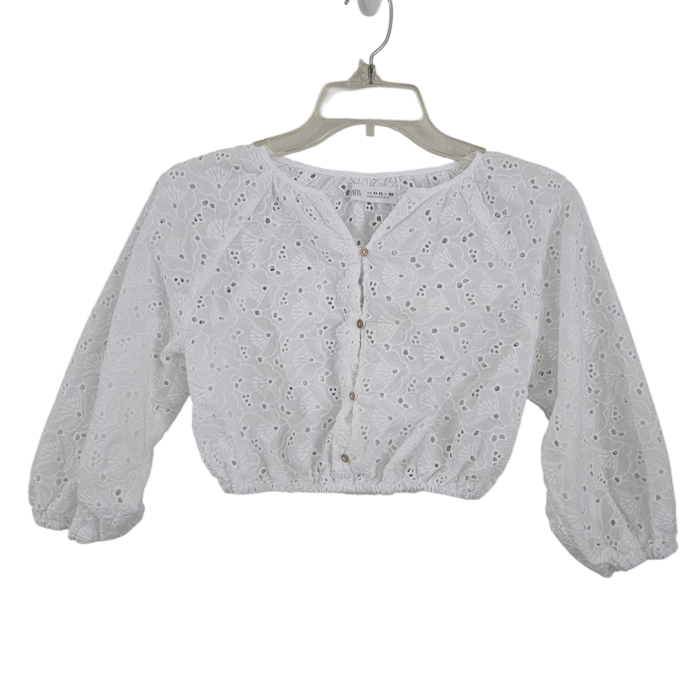 Zara White Eyelet Puff Sleeve Girls Crop Top